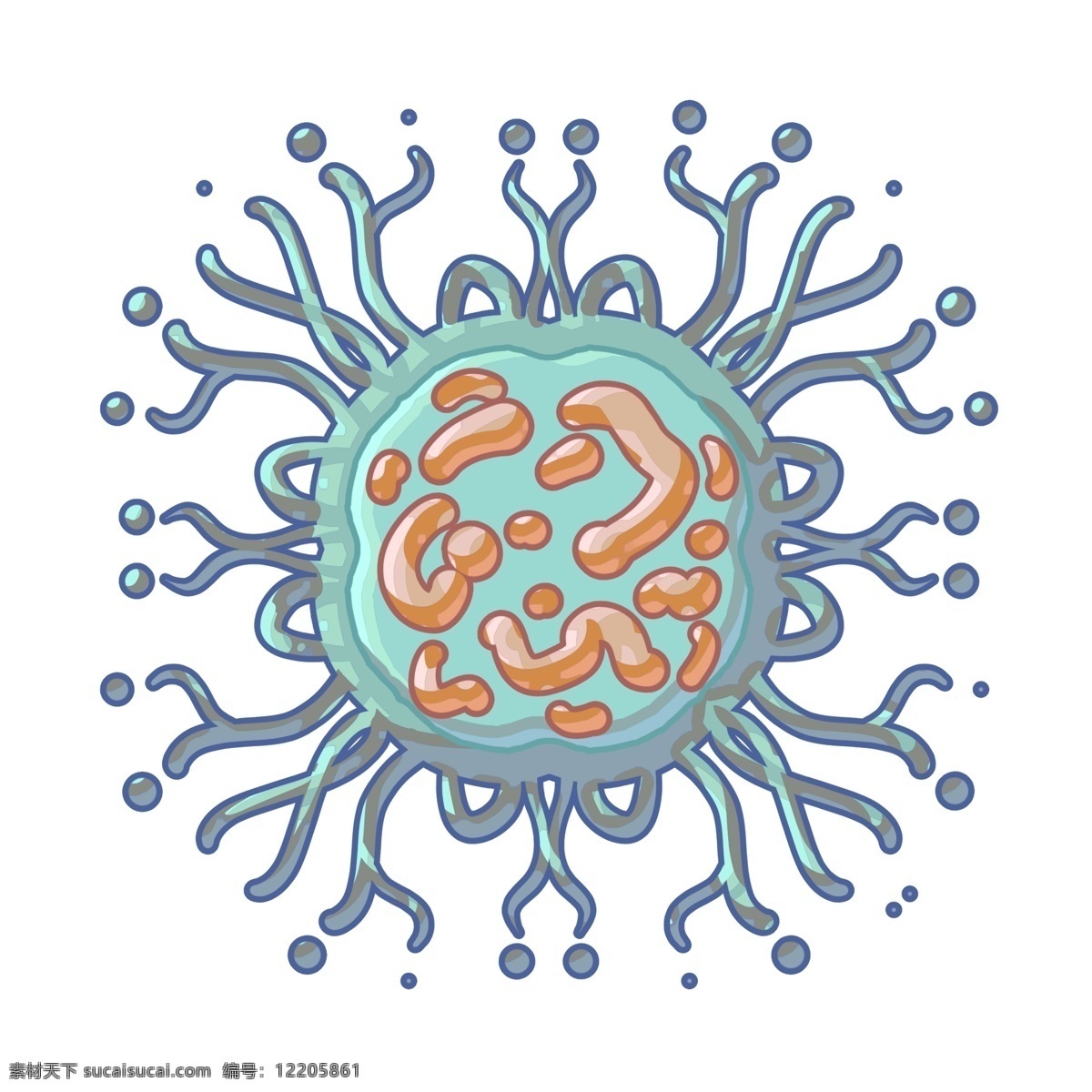 蓝色 网状 细菌 插画 毛球细菌 蓝色细菌 蓝色的触须 生物细菌插画 病毒插画 卡通病毒 创意病毒插画