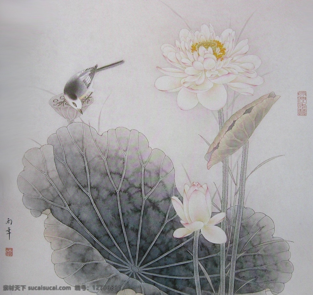 工笔荷花 工笔画 国画 中国画 工笔彩墨画 彩墨工笔画 花鸟国画 花鸟画 国画花鸟 彩墨花鸟国画 书法 大师作品 风景画 荷花 植物 荷叶 小鸟 池塘 动物 绘画书法 文化艺术