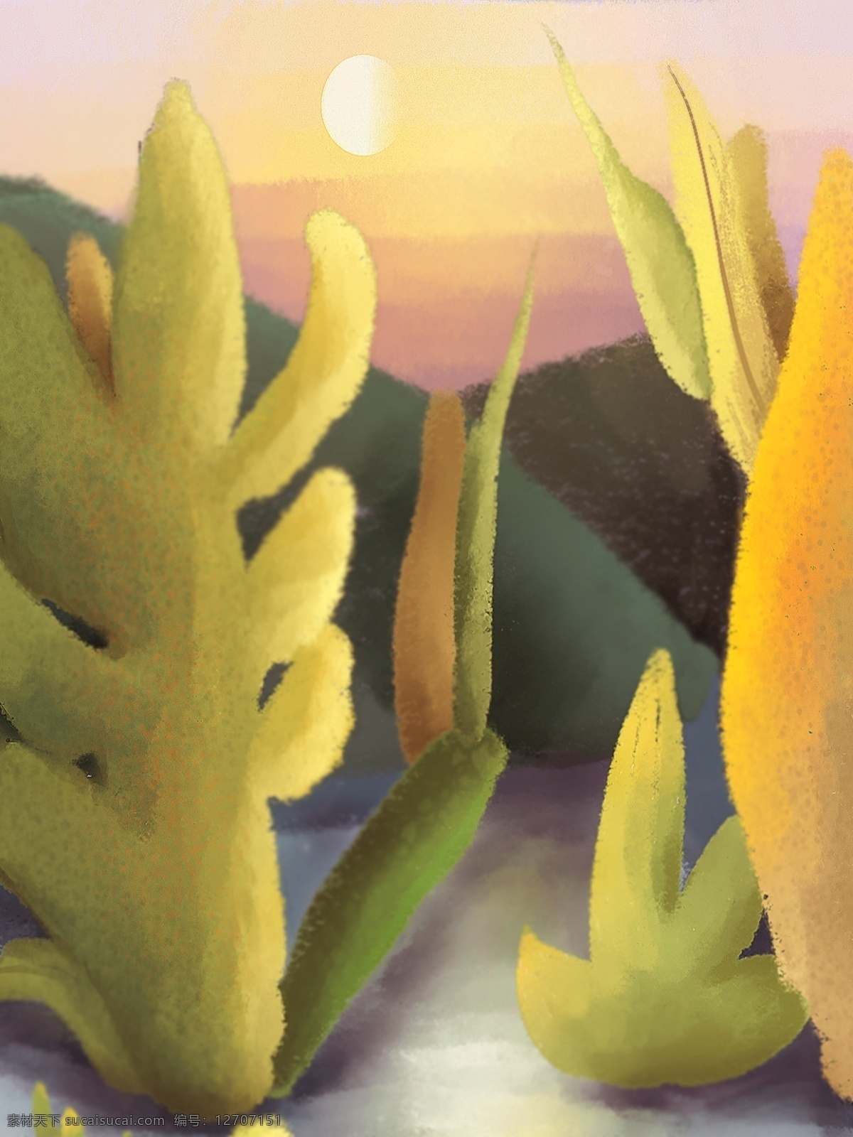 落日 余晖 手绘 背景 植物 山丘