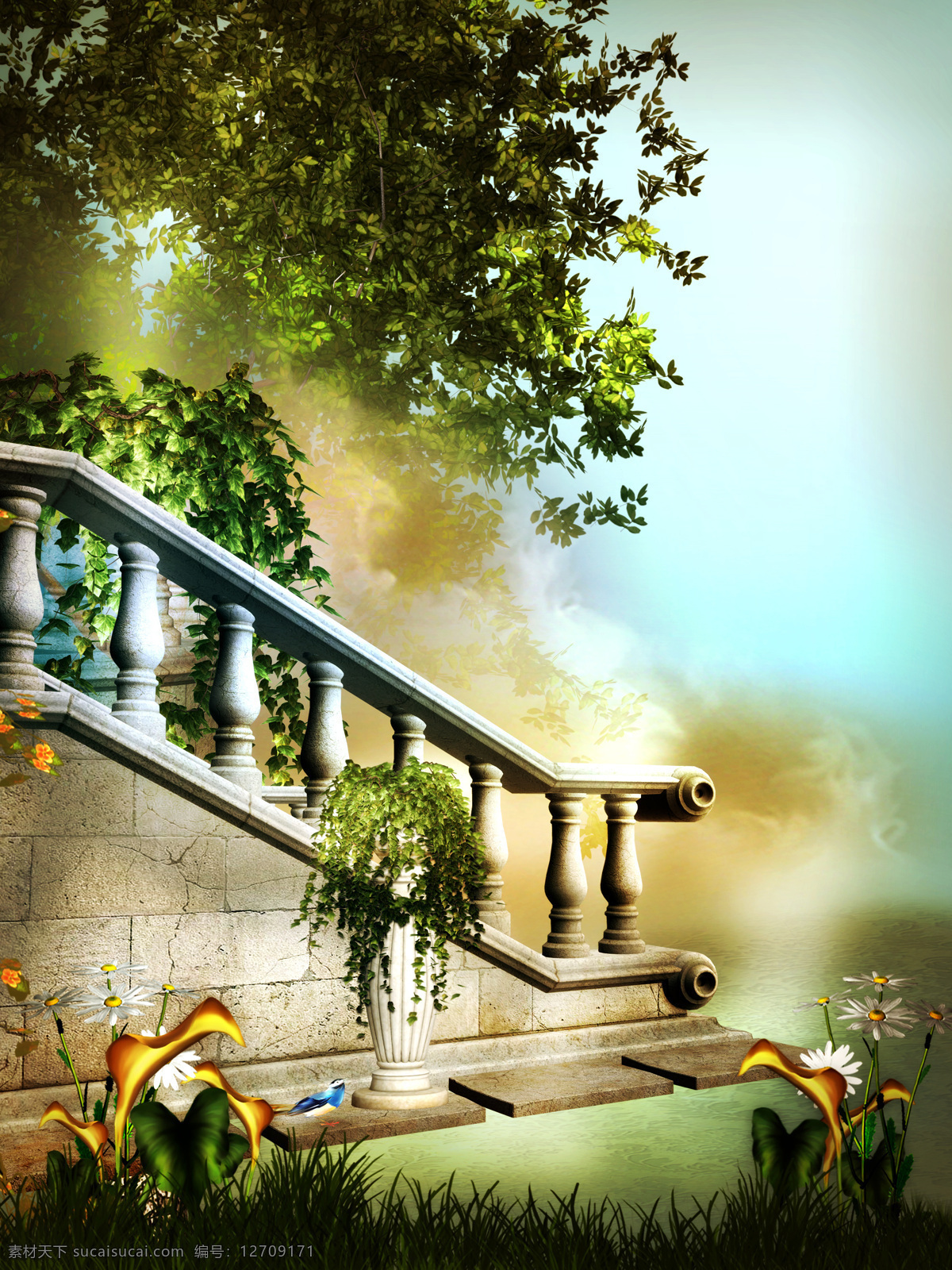 爱情 花园 爱情花园 梦幻 唯美 鲜花 楼梯 扶梯 绿树 欧式建筑 山水风景 风景图片