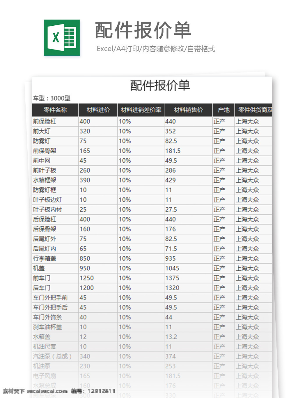 配件 报价单 excel 模板 表格模板 图表 表格设计 表格 报价 范文 价格 v2003 仓储购销