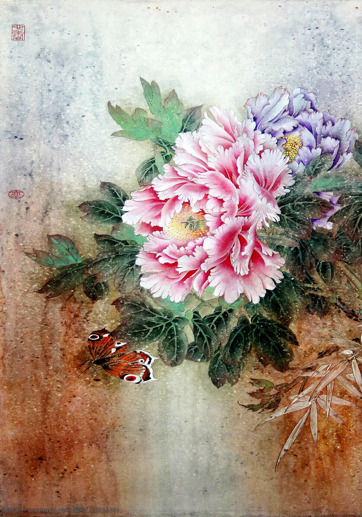 芬芳 国画艺术 红牡丹 蝴蝶 花卉画 花香 画 绘画书法 牡丹蝴蝶图 中国画 工笔重彩画 现代国画 孔雀 漂亮羽毛 牡丹花 紫牡丹 叶子 浓艳 竹子 书法 印章 国画集17 文化艺术 家居装饰素材 雕刻 图案