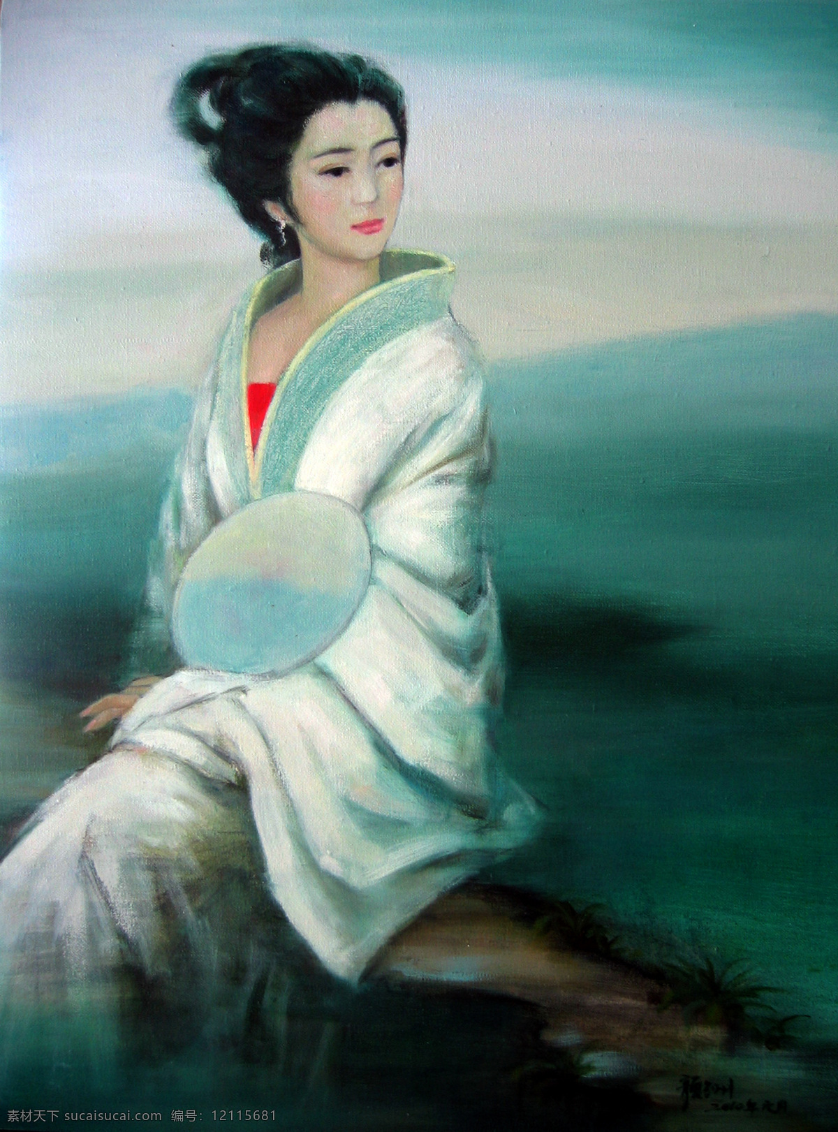 古典 美女图片 白色 古典美女 古装 绘画书法 人物 文化艺术 油画 青莲 执扇 装饰素材