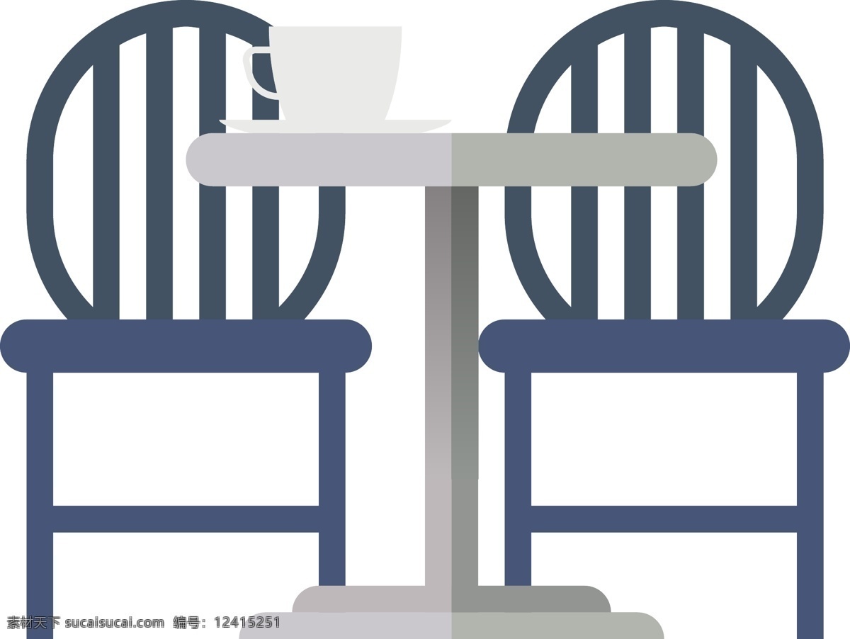 矢量 手绘 扁平化 餐椅 蓝色座椅 灰色餐桌 家具 吃饭 喝茶 茶杯 水杯 免扣 卡通