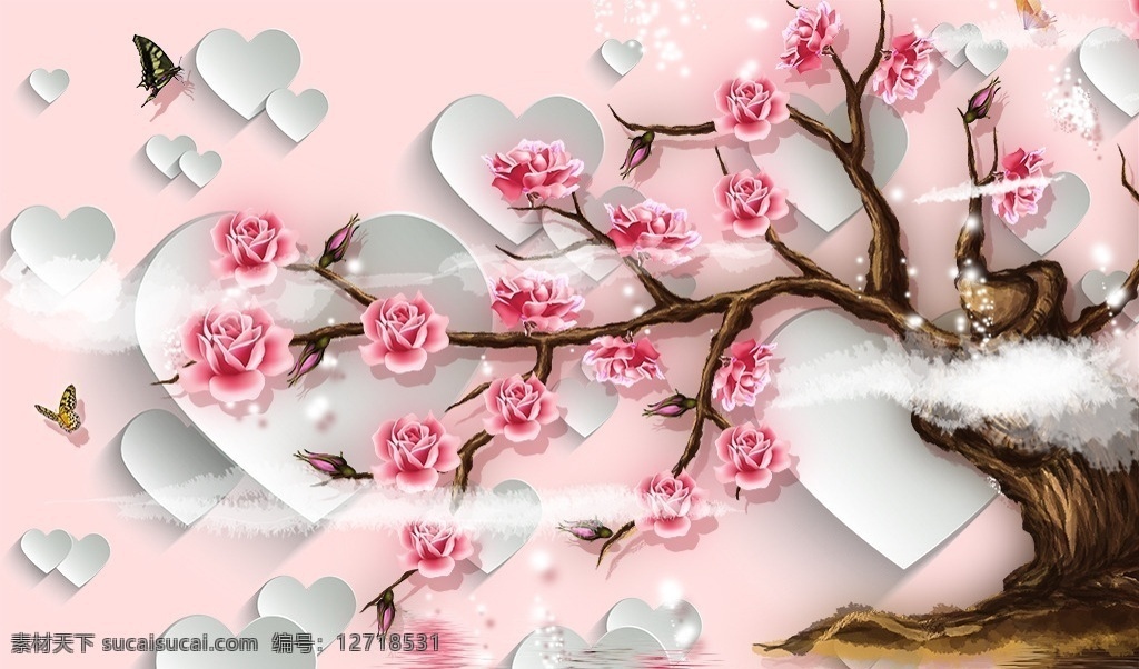 3d 爱心 玫瑰 树 背景 墙 分层 立体 粉红色 蝴蝶 源文件 电视背景墙 背景墙系列