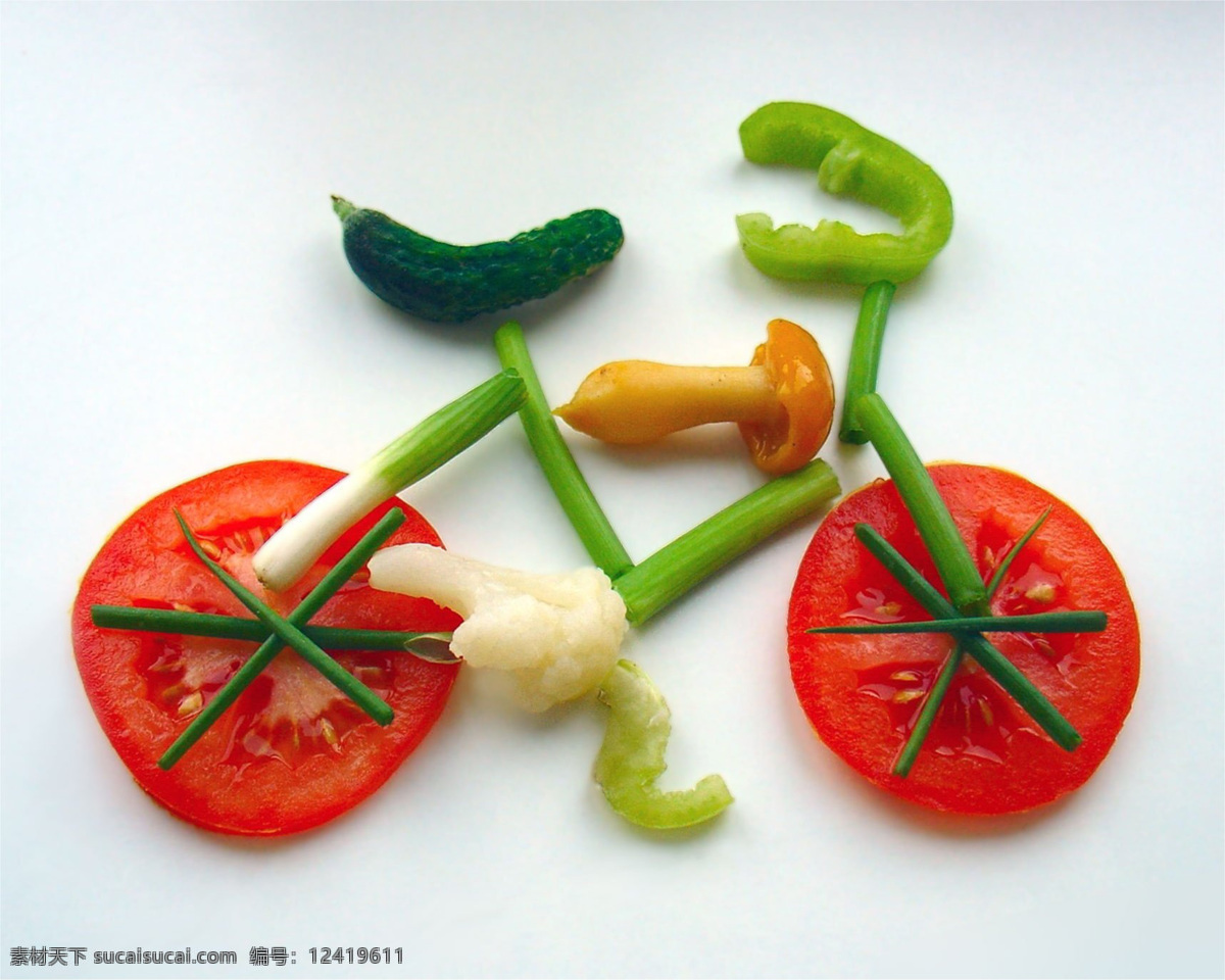 蔬菜 组成 自行车 新鲜蔬菜 黄瓜 西红柿 蕃茄 花菜 蘑菇 创意 蔬菜图片 餐饮美食