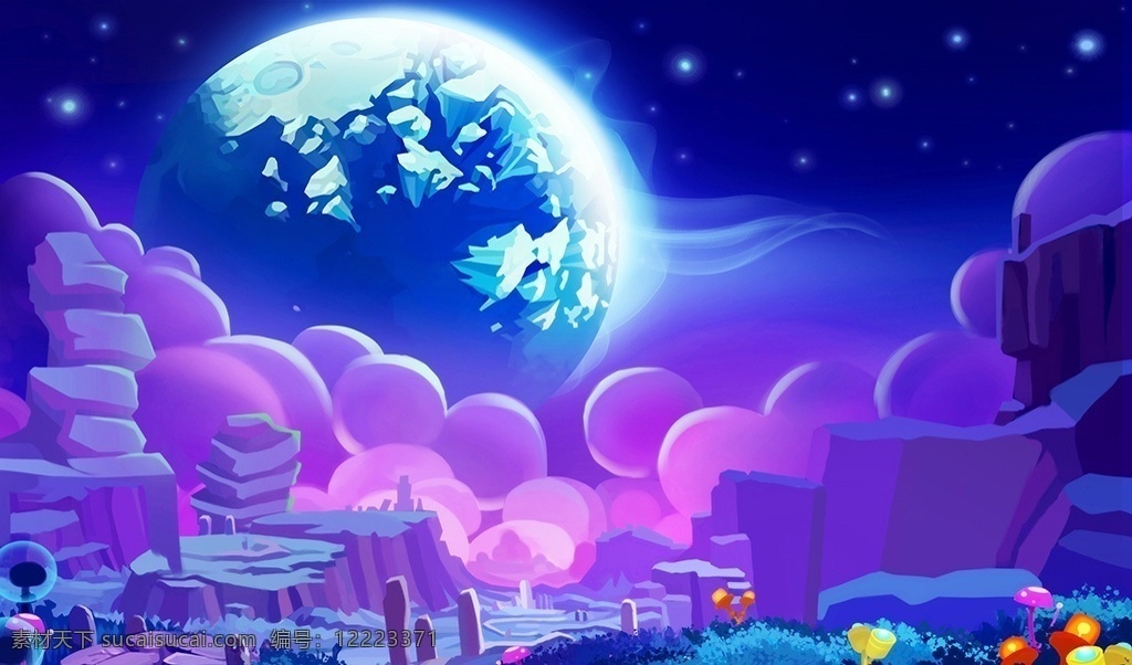 卡通梦幻森林 3d 立体 卡通 梦幻 麋鹿 森林 月球 梅花鹿 星球 紫色 温馨 电视背景墙 装饰画 背景墙系列 3d设计