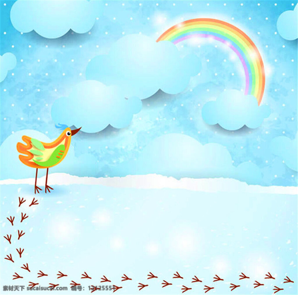 彩色 鸟 彩虹 剪贴 水玉点 脚印 云朵 天空 雪花 剪贴画 矢量图