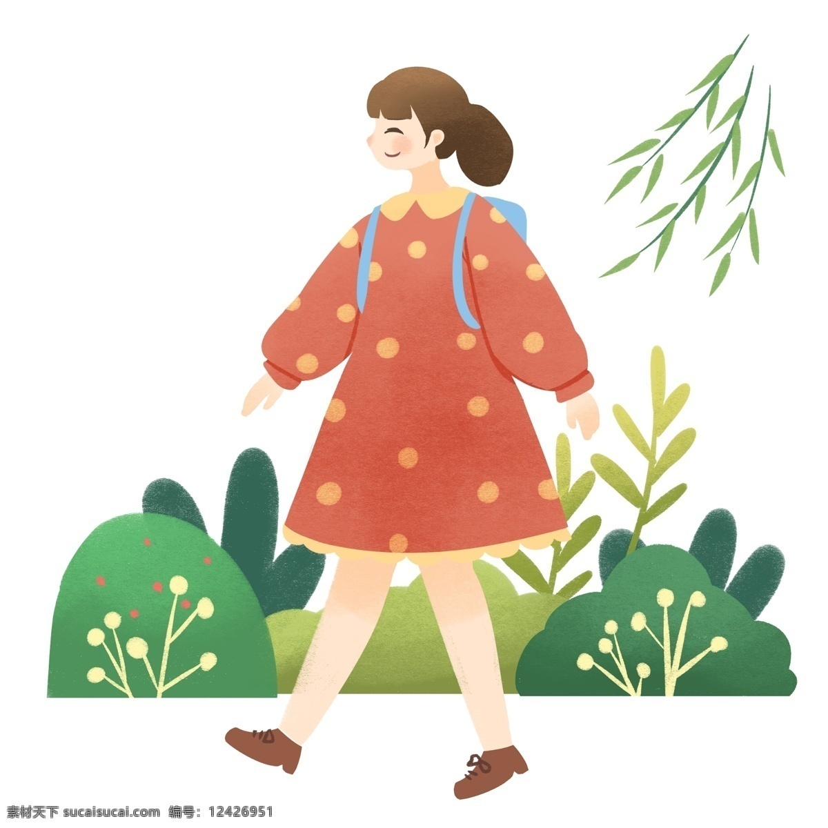 踏青 漂亮 小女孩 春游踏青插画 漂亮的小女孩 蓝色的书包 绿色的叶子 植物装饰 卡通人物