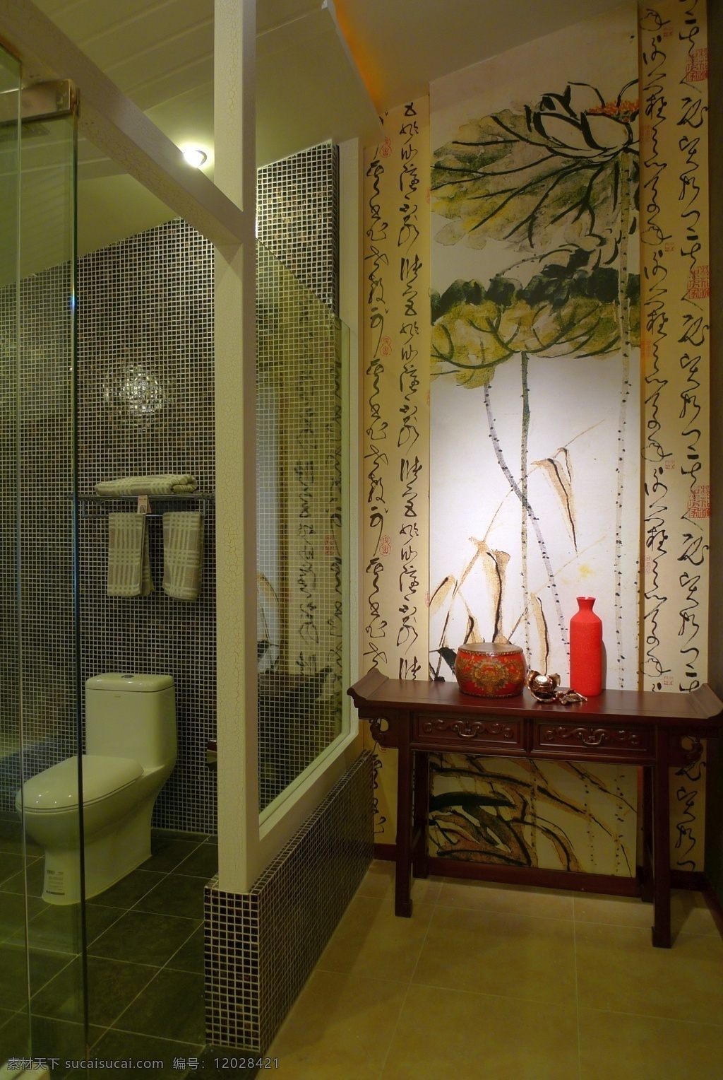 别墅 室内 浴室 回廊 装修 效果图 浴室回廊 精美花水字画 红色瓷器 透明玻璃门