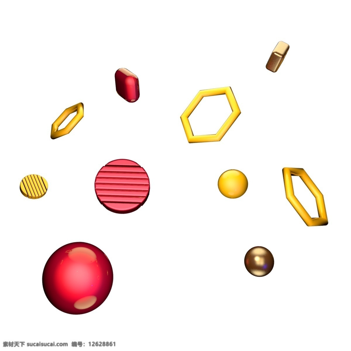 立体 创意 免 扣 c4d 漂浮 六角形 黄色 装饰 促销 几何 黄色装饰 红色球 电商