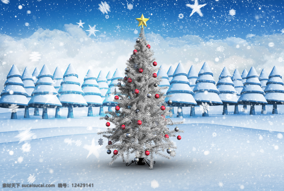 雪地 上 圣诞树 雪花 蓝天 白云 装饰物 圣诞节 节日庆典 生活百科