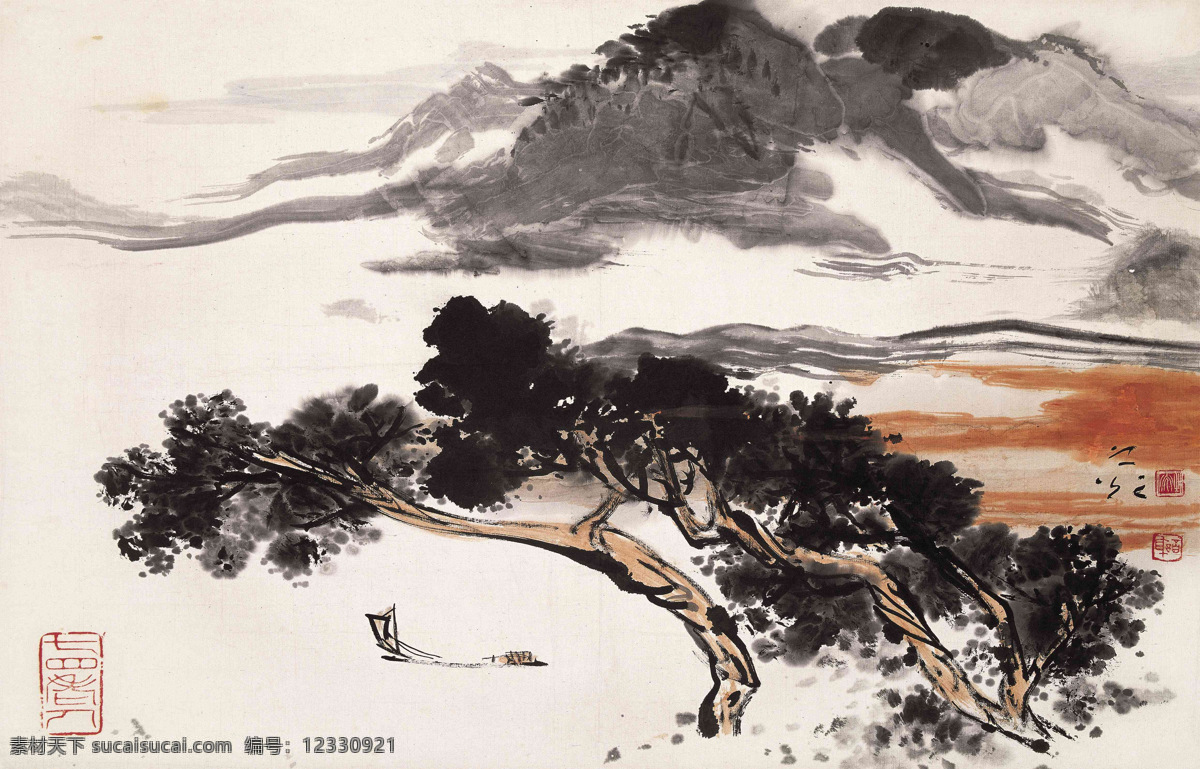 国画 谢之光 松帆图 松树 劲松 帆船 远帆 山水 绘画书法 绘画艺术 国画山水03 文化艺术