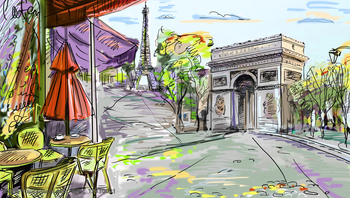 巴黎风景插画 手绘风景 埃菲尔铁塔 凯旋门 中堂画 文化艺术 白色