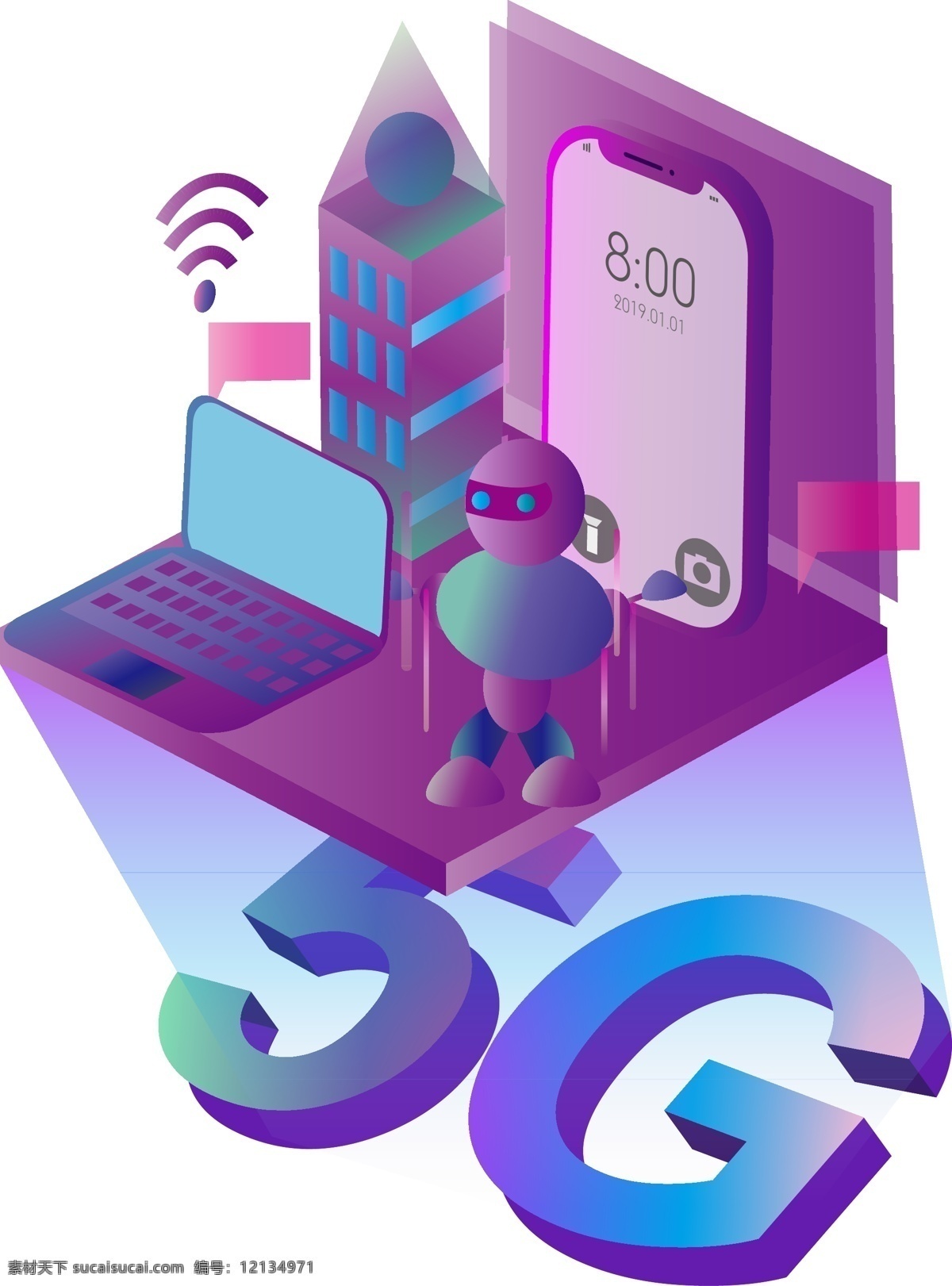 d5g 无线网络 时代 2.5d 5g 无线 通信 通讯 手机 商务办公 机器人 电脑 连接 紫色 科技 未来 ui 扁平