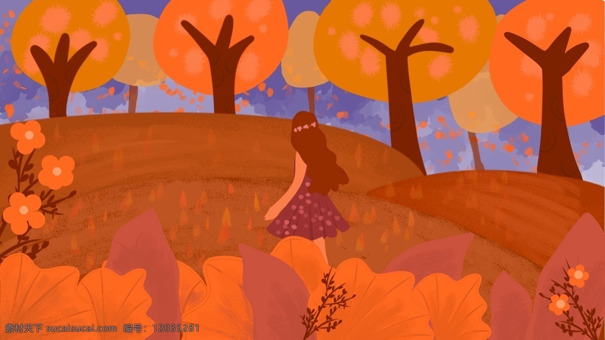 立秋 秋天 紫色 裙子 女孩 林中 散步 树林 插画 节日节气 二十四节气 治愈系 金黄色