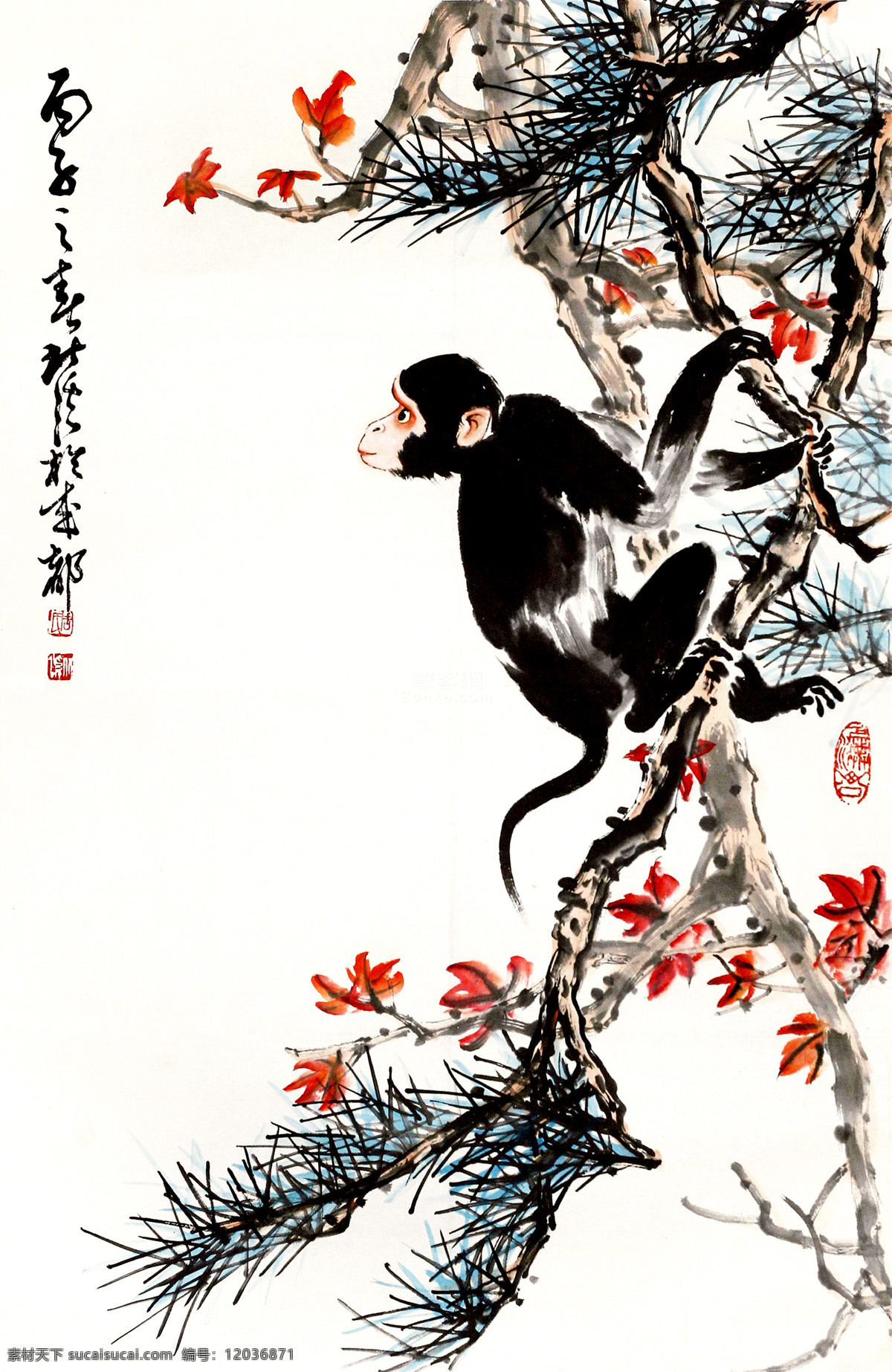 红叶墨猴 美术 中国画 猴子 黑猴 红叶 马尾松 国画艺术 国画集68 绘画书法 文化艺术