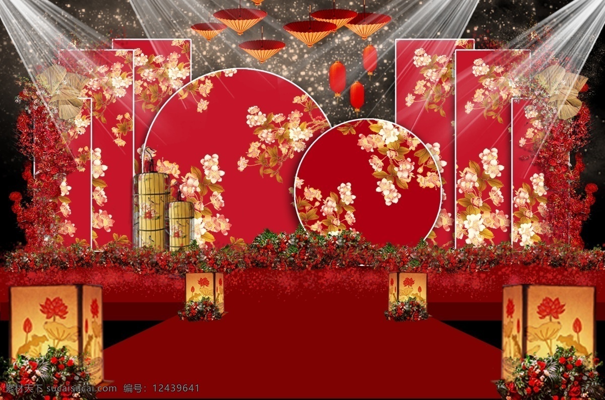 中国 红 中式 婚礼 效果图 国画 灯笼 中国红 新中式 大红 多层次 复古 油纸伞 鸟笼