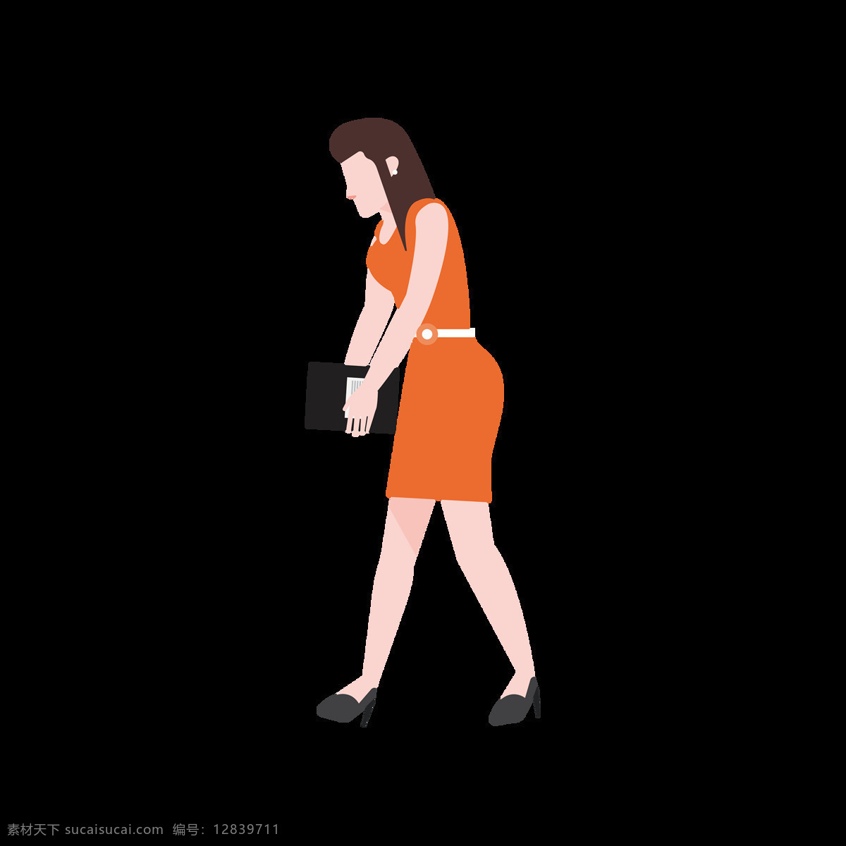 3d 立体 美女 小人 元素 工作 桔色 连衣裙