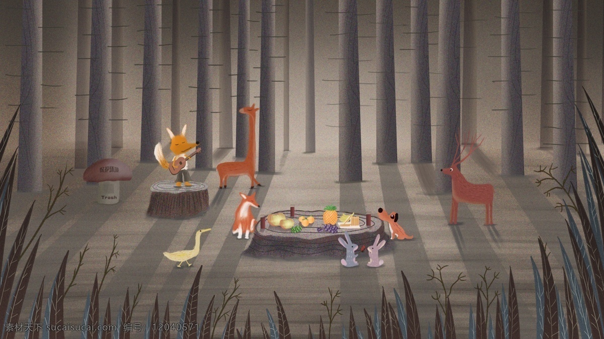 森林 动物 聚会 卡通 背景 灰色