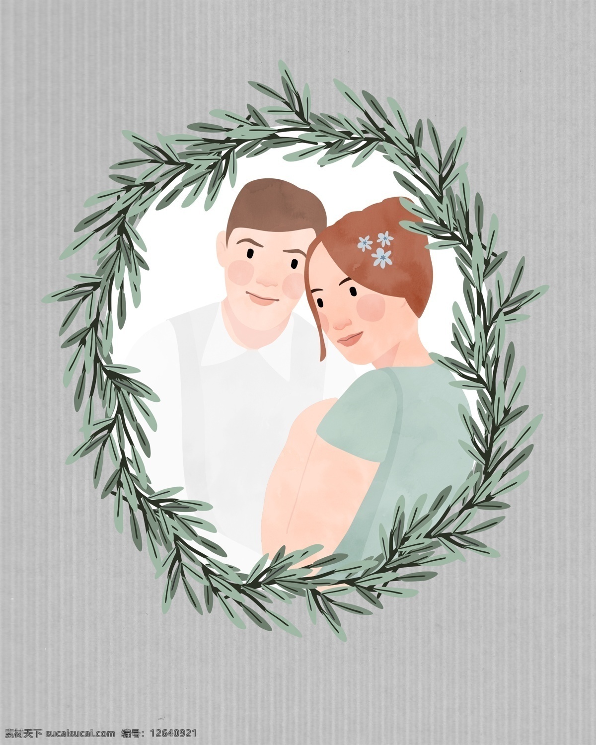 手绘 卡通 夫妻 结婚 纪念日 相框 源文件 橄榄枝 花圈 紫色 条纹 装饰图案