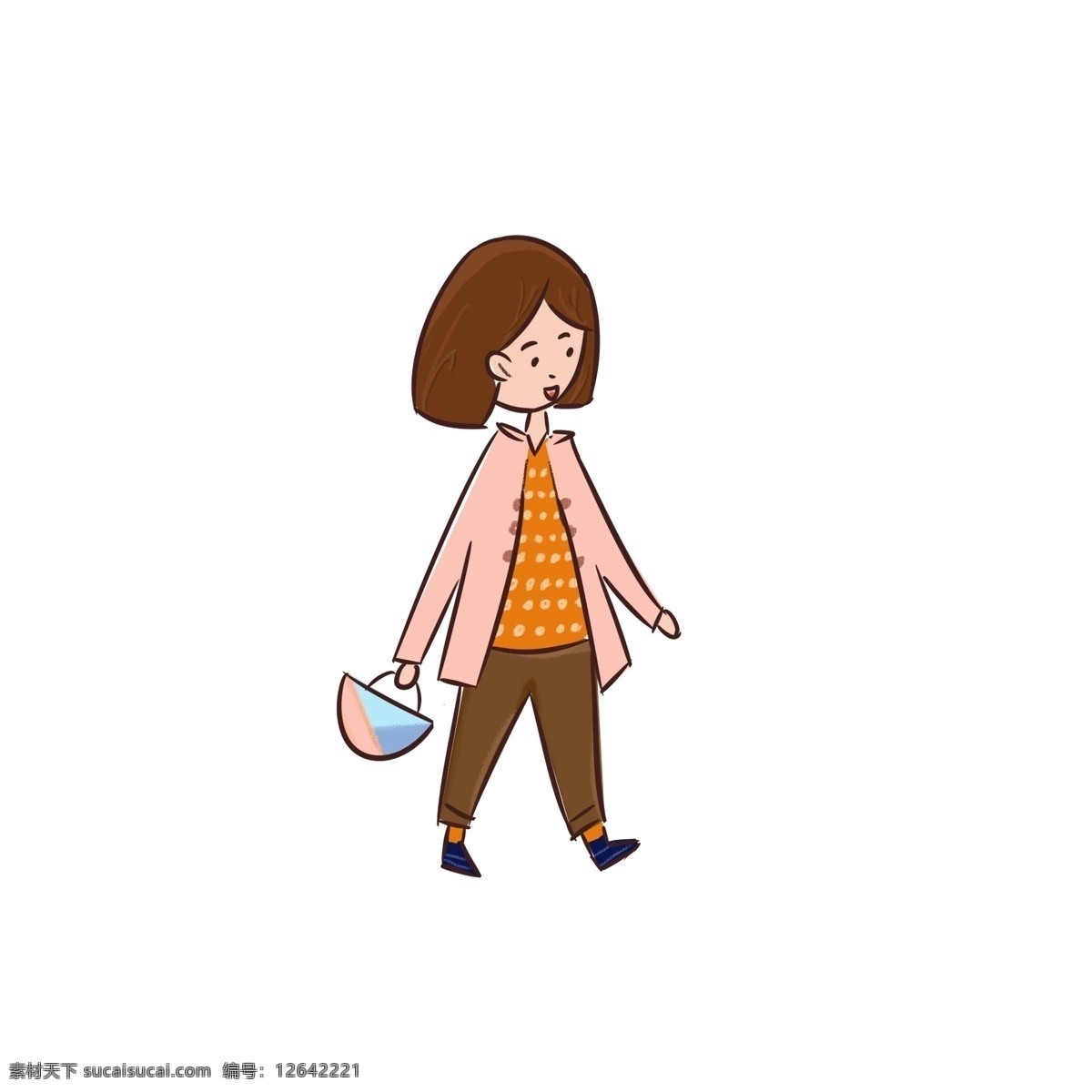 秋季 短发 少女 手提 购物袋 散步 商用 元素 秋装 购物 儿童插图