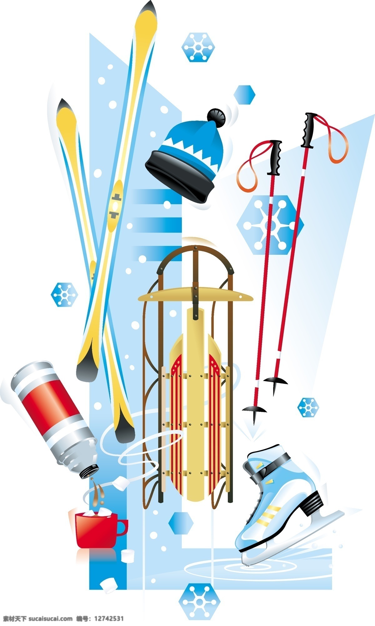 冬季 体育用品 滑雪板 帽子 水杯 水壶 体育运动 文化艺术 雪花 冬季体育用品 滑冰鞋 滑雪车 滑雪杆 矢量 淘宝素材 淘宝冬季促销