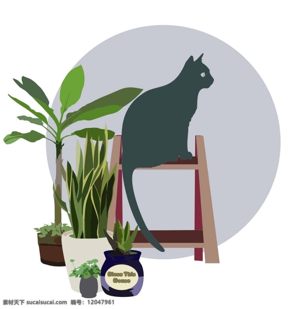 插画小猫 猫 绿植 插画 可爱 撸猫