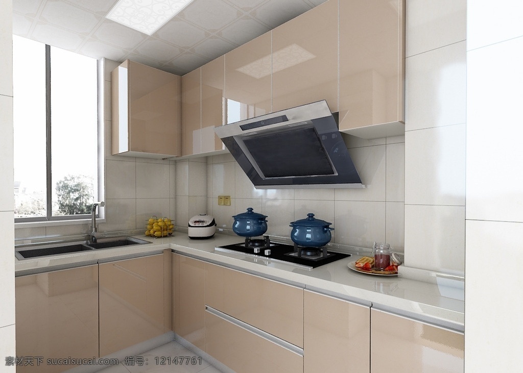 现代厨房 橱柜 隐形拉手橱柜 琥珀金橱柜 7字型橱柜 室内效果图 环境设计 家居设计