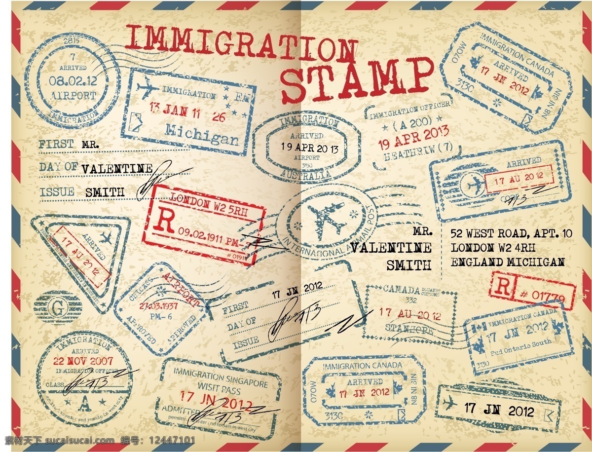 国外 出入境 印章 盖章 矢量素材 邮戳 印记 移民签证 矢量图 其他矢量图