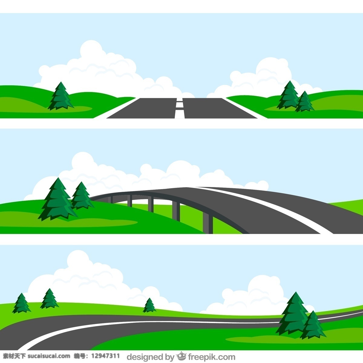 郊外 公路 风景 矢量 树木 大树 植物 桥梁 马路 道路 山坡 草地 云朵 白云 插画 背景 海报 画册 风景建筑 自然景观 自然风光