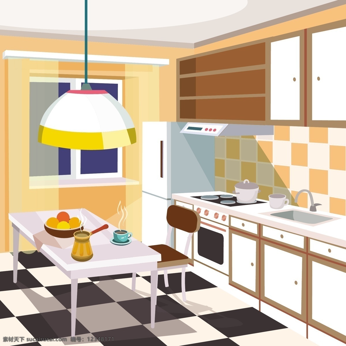 一个 厨房 内部 矢量 卡通 插画 背景 咖啡 家居 家庭 桌子 漫画 平面设计 图形 墙壁 家具 房间 灯 烹饪 咖啡杯 装饰 窗户