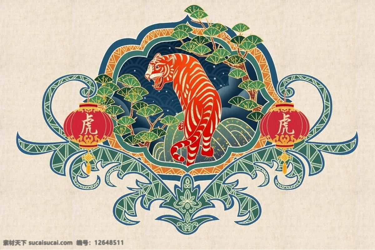 虎年 生肖 复古 插画 背景 海报 素材图片 古风背景