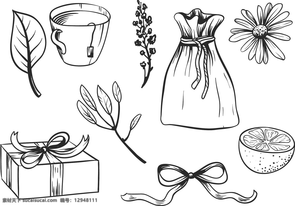 手绘 线性 茶饮 手绘树叶 手绘茶叶 茶叶 茶 矢量素材 手绘植物 手绘花卉 蝴蝶结 柠檬 礼物