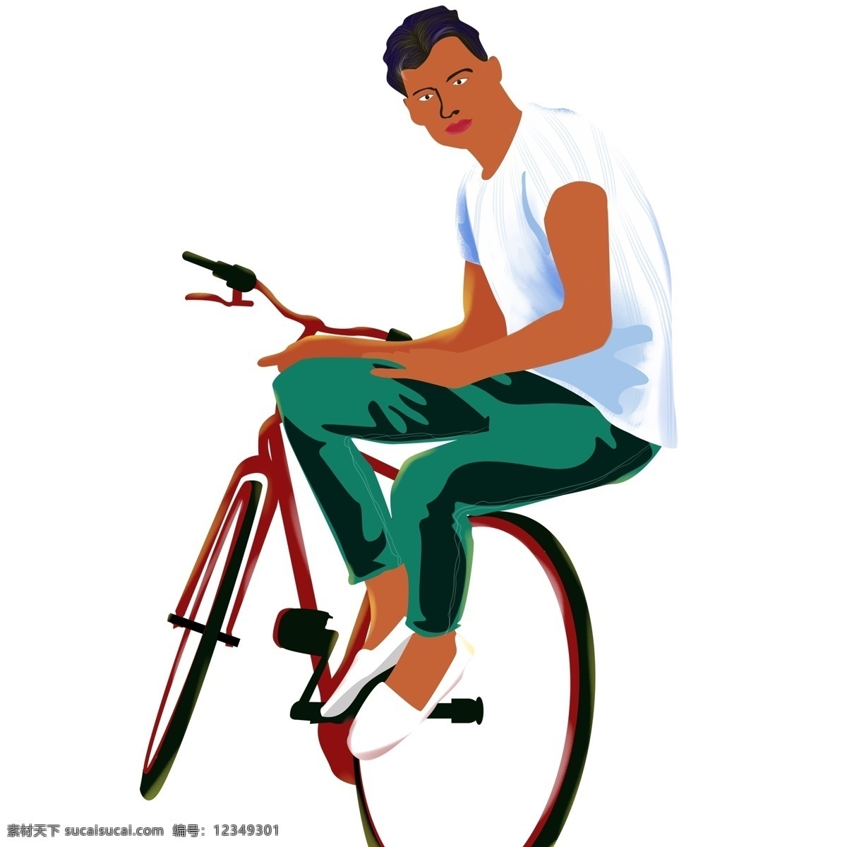手绘 复古 坐在 自行 车上 少年 商用 元素 插画 人物 男士 自相车