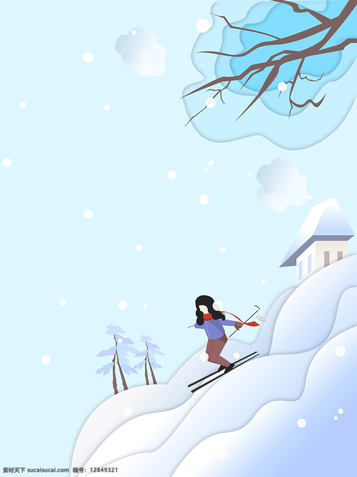 手绘 卡通 蓝色 冬天 背景 房子 树木 女孩 滑雪 扁平