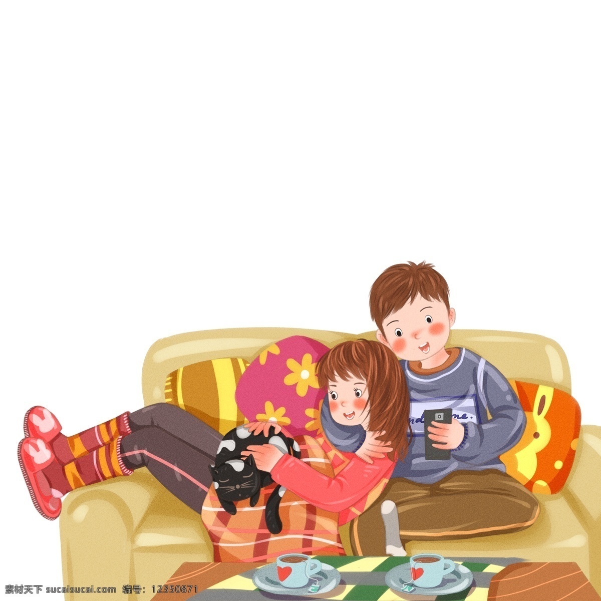 手绘 沙发 上 亲密 互动 情侣 卡通 彩绘 插画 宅家 人物 夫妻 同居