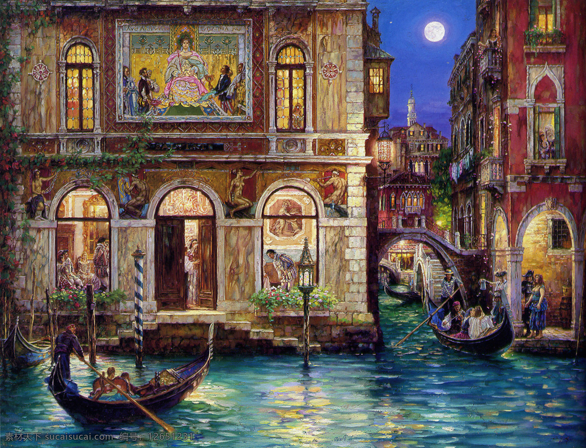 窗户 绘画书法 楼房 路灯 人物 威尼斯 文化艺术 油画威尼斯1 油画 水城威尼斯 威尼斯小船 生活 场景 欧洲水城 小船 月亮 装饰素材