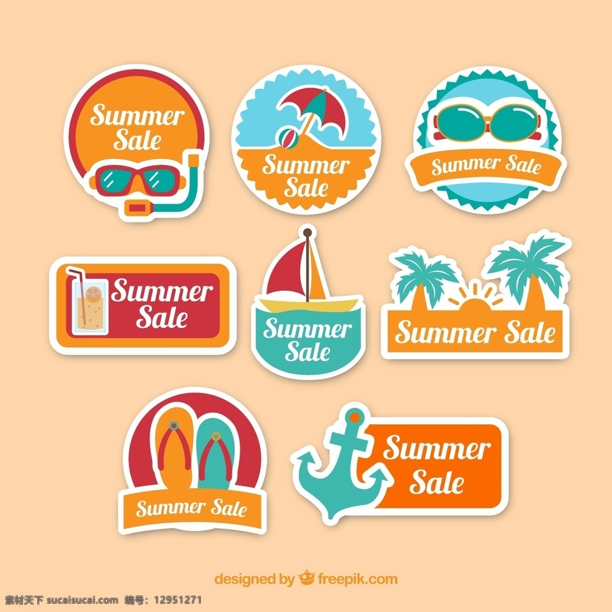 款 彩色 夏季 假日 促销 标签 矢量 太阳 潜水 帆船