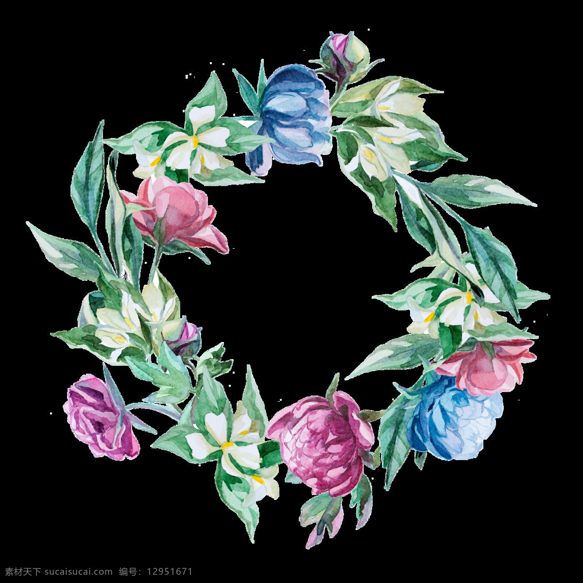 清新 素雅 玫 红色 花朵 手绘 花环 装饰 元素 蓝色花朵 树叶 紫色花朵