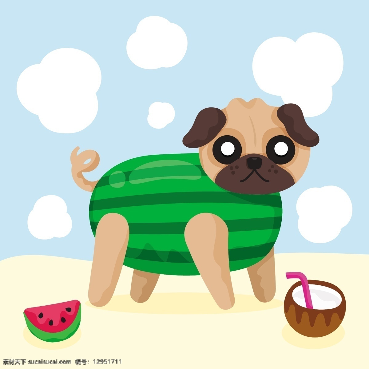 动物 狗 哈巴狗 卡通 可爱 可爱宠物 手绘 水果 西瓜 椰子 各种 的卡 通