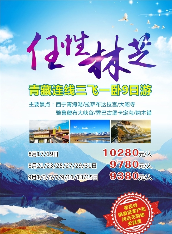 林芝旅游 林芝 西藏 旅游单页 纳木错 dm单 蓝天 白云 鸽子 青海湖