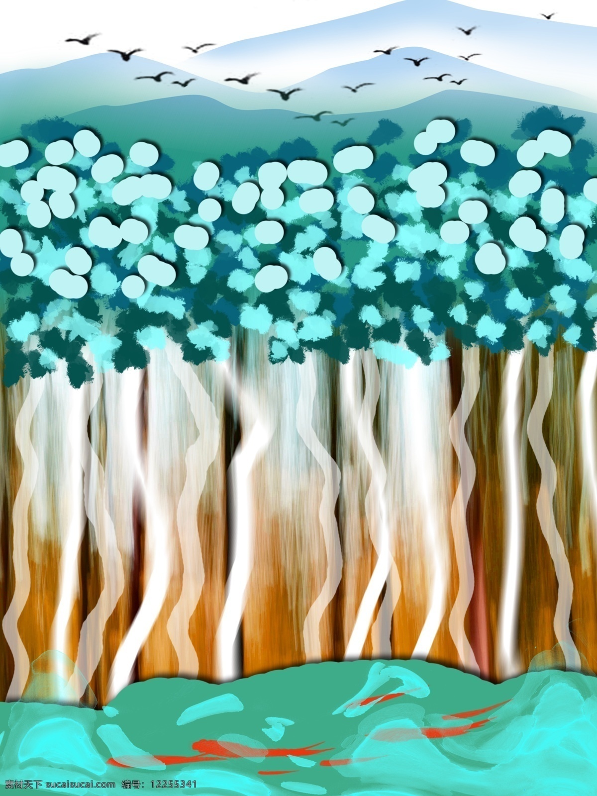 手绘 蓝色 丛林 客厅 装饰画 一联画 飞鸟 游鱼 客厅装饰画 波点抽象树
