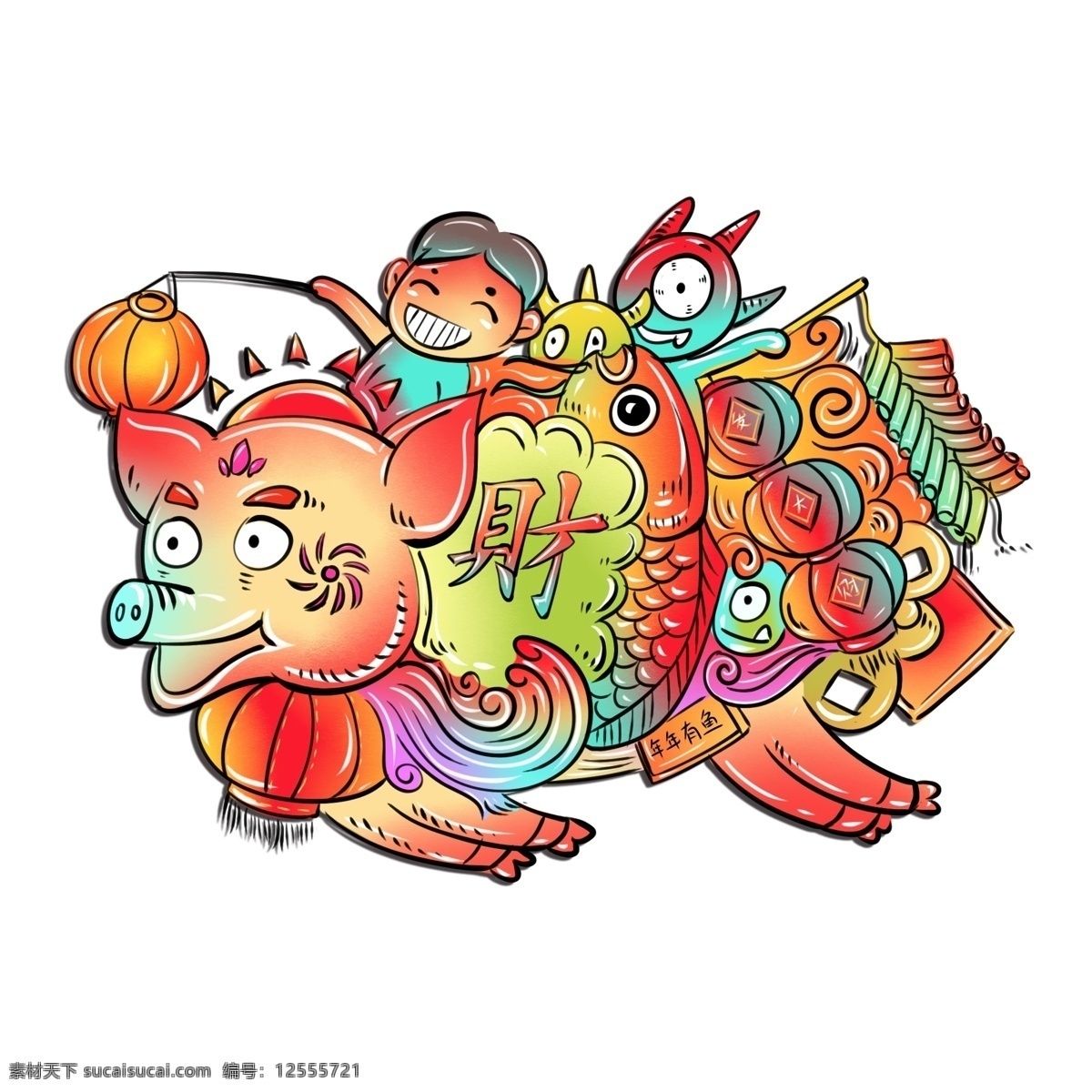 2019 春节 猪年 涂鸦 风 生肖 猪 可爱 喜庆 商用 原创 手绘 插画 ip 形象 元素 欧美 街头 中国风 涂鸦风