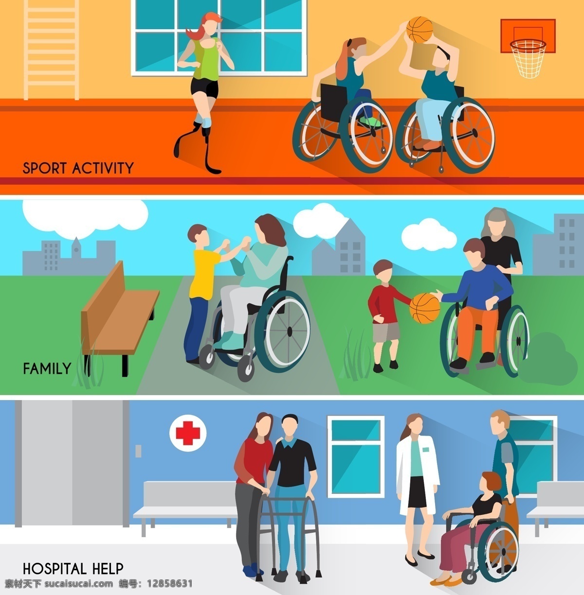 残疾人 活动 生活 工作 交替 社区 概念 矢量图 轮椅上 扁平化 人文 介绍 海报 矢量