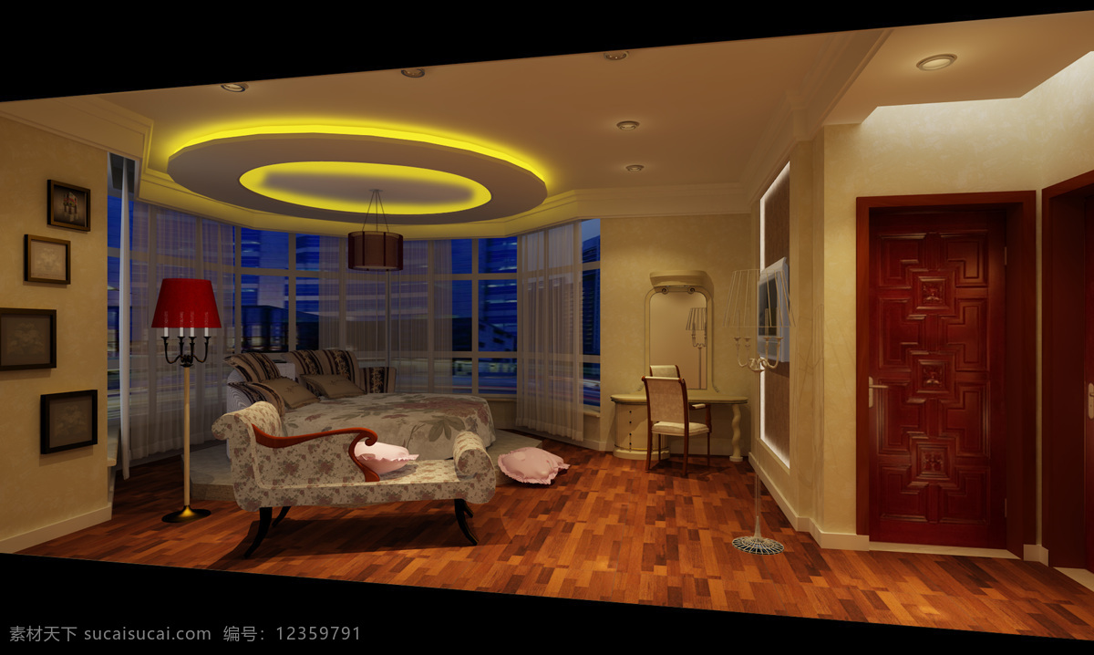 豪华 环境设计 木地板 室内设计 室内 卧室 效果图 卧室效果图 设计素材 模板下载 圆床 贵妃床 顶棚造型 落地台灯
