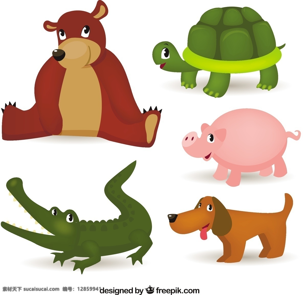 各种 可爱 小 动物 狗 自然 卡通 微笑 快乐 熊 五颜六色 猪 甜 笑脸 有趣 海龟 酷 可爱的动物 风格 鳄鱼