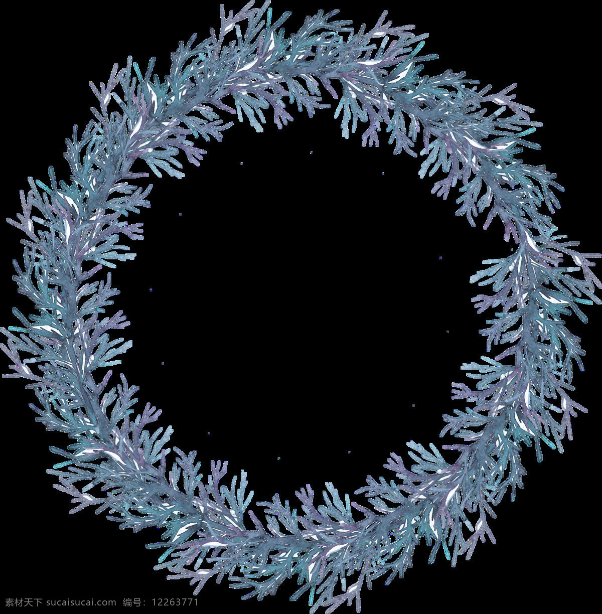 青 蓝色 树枝 手绘 花环 装饰 元素 花瓣 花环图案 灰紫色 圆形花环