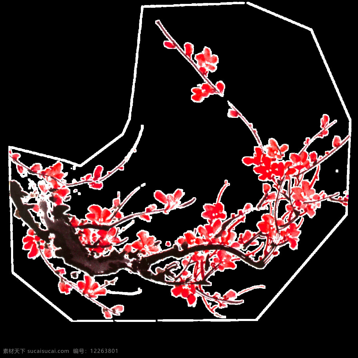 彩绘 红色 花朵 花枝 免扣 水墨效果 装饰元素 水墨 效果 元素
