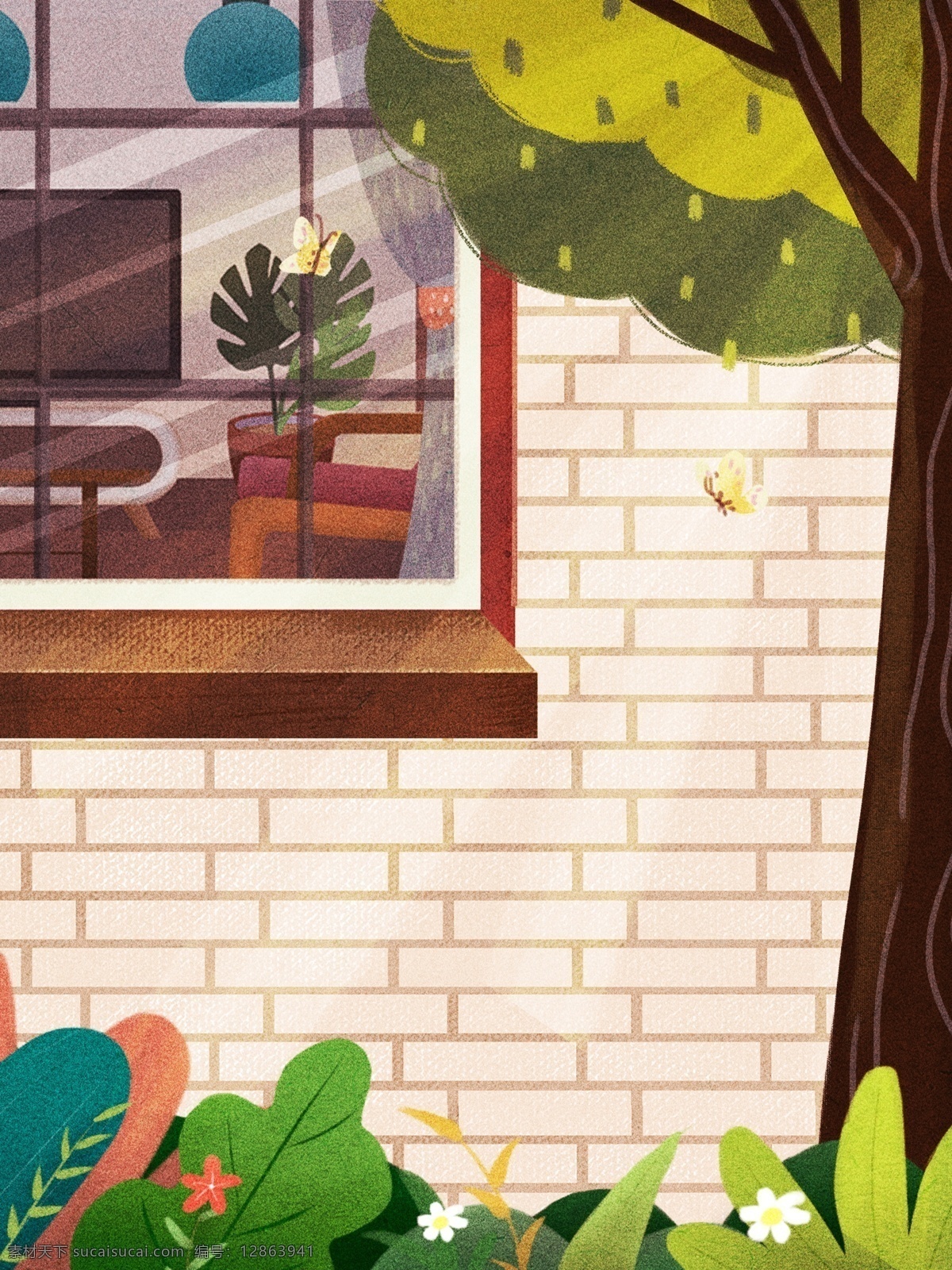 卡通 居家 客厅 窗外 风景 插画 背景 温馨背景 居家生活插画 生活插画背景 窗户 窗帘 大树背景 植物背景